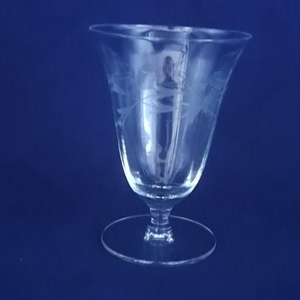 Vintage Etched Clear Glass Stemmed Goblet With Floral Design